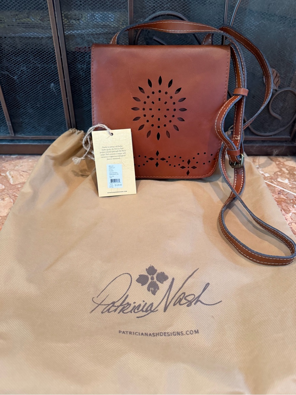 Patricia Nash Chestnut Brown Leather Laser-Cut Crossbody Satchel